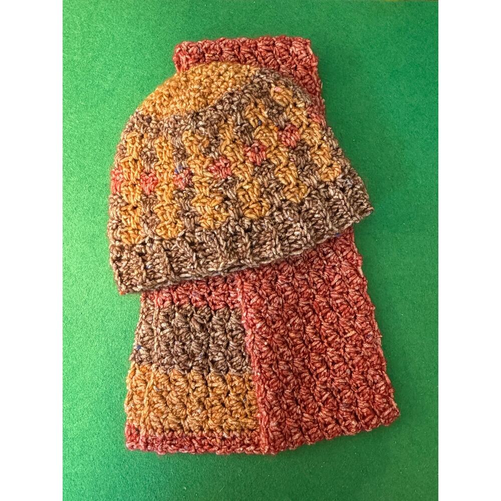 Hand crocheted hat and knit set in pink/rose, brown, and gold, metallic accents